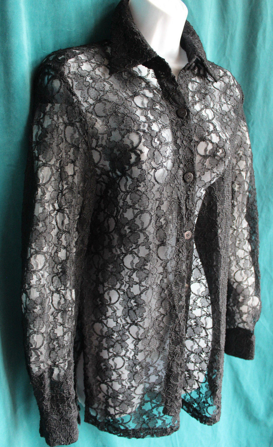 PRESTON & YORK Black Floral Lace Button Up Blouse Sz S Long Slv Top Rayon Cotton