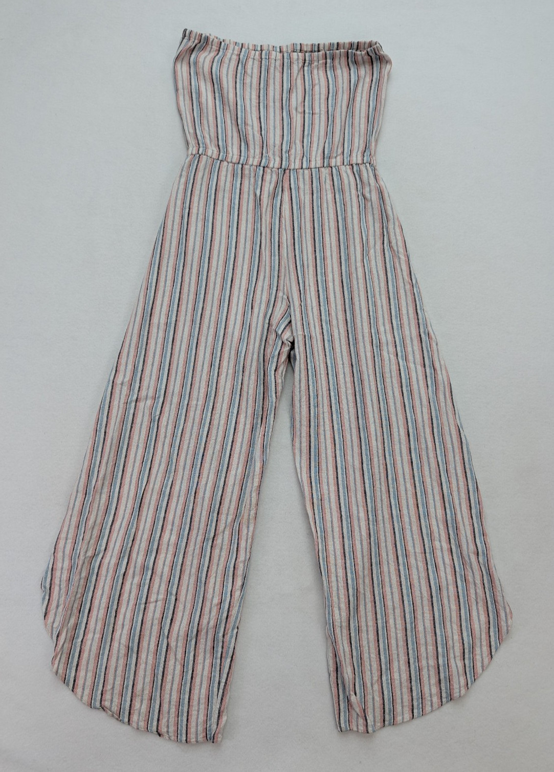 Drew Women’s Romper Size M Linen Blend Strapless Bohemian Pink Blue White Stripe
