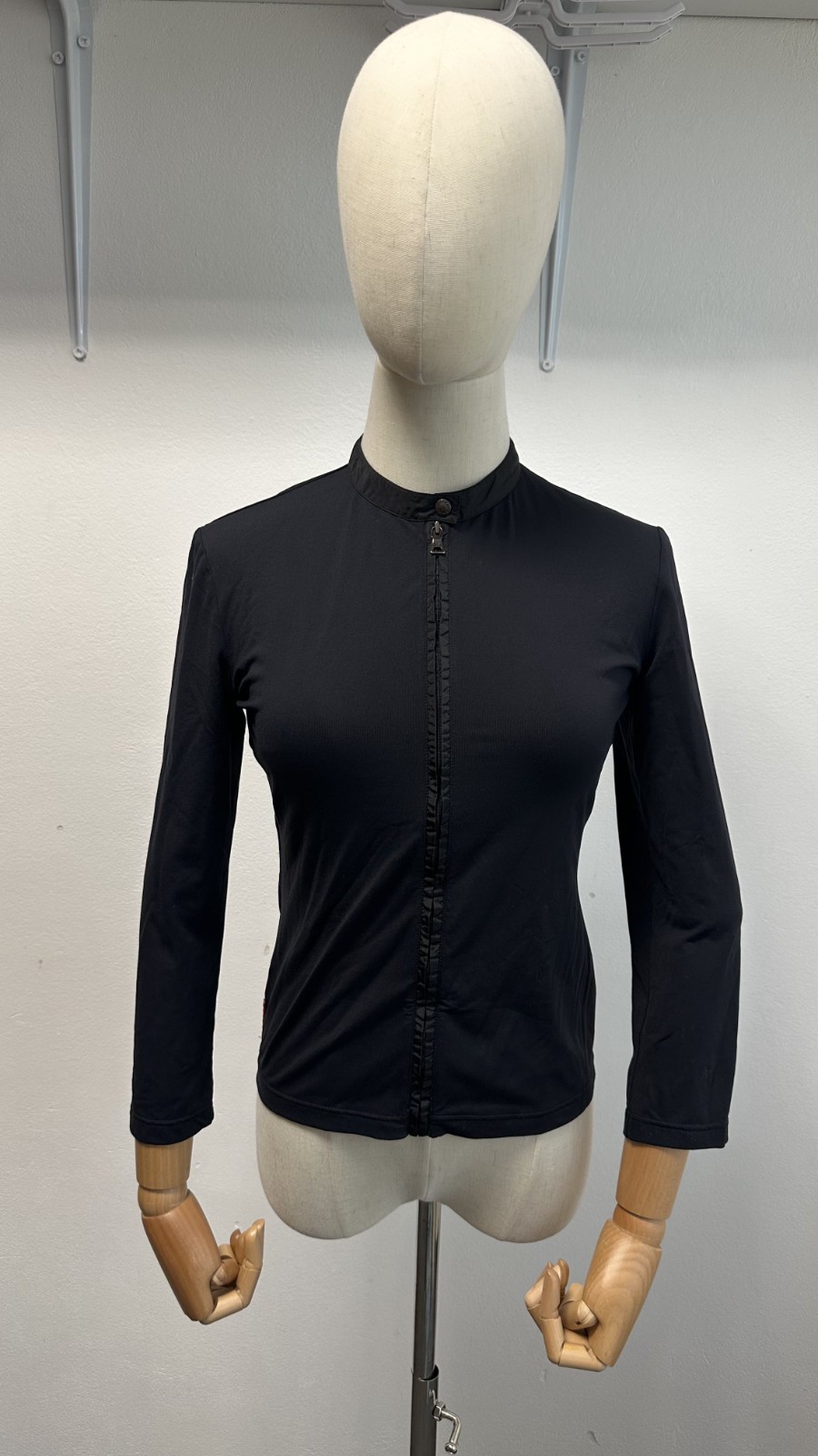 Prada Women’s black nylon-elastane blend zip-up top red tab Size S