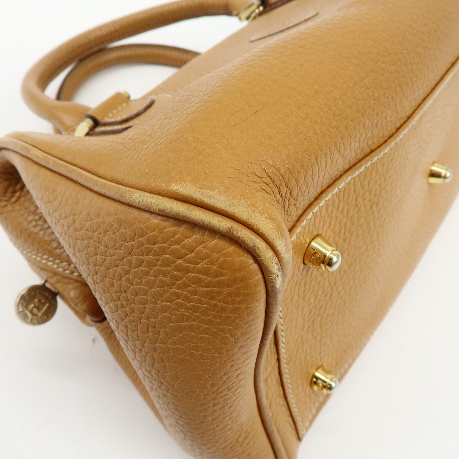 FENDI FF Logo Leather 2Way Bag Hand Bag Boston Bag Camel Authentic Used F/S