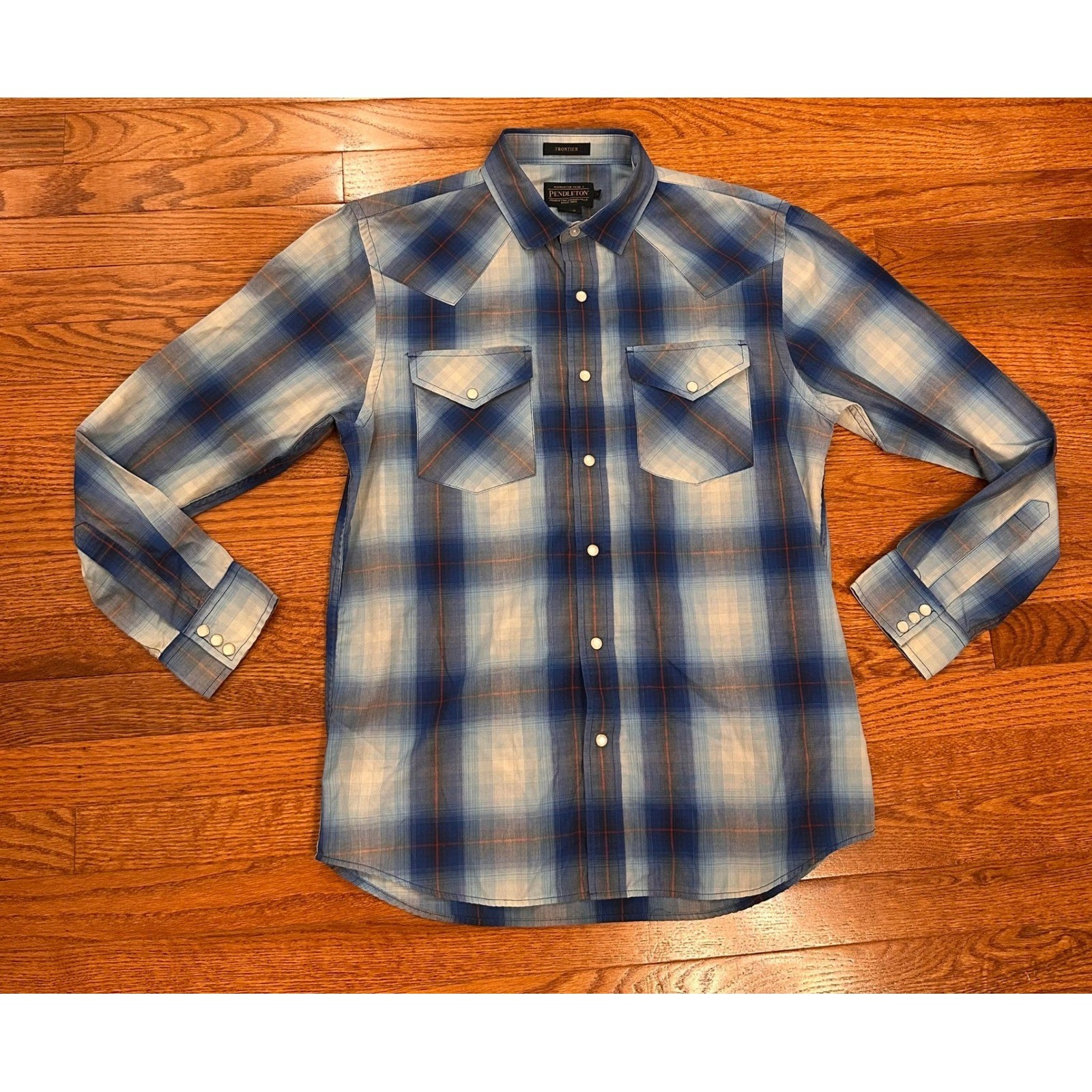 Pendleton Frontier Pearl Snap Western Shirt Mens Medium Blue Plaid Rodeo Yoke