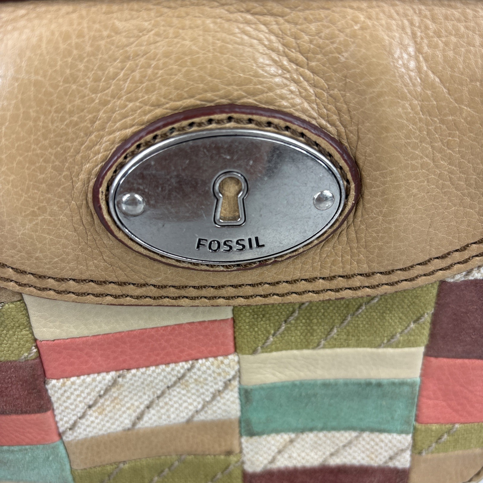 Fossil Maddox Patchwork Colorblock Lt Tan Leather Adj Strap Y2K Crossbody Purse