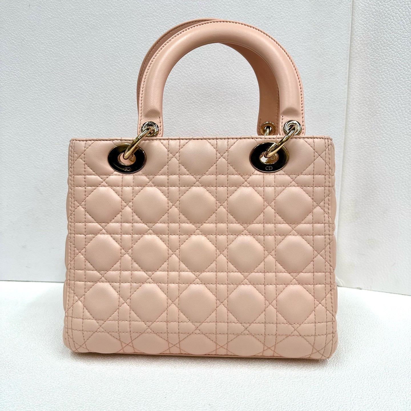 Dior Lady Dior Light Pink Lambskin Cannage Top Handle Crossbody Bag auth