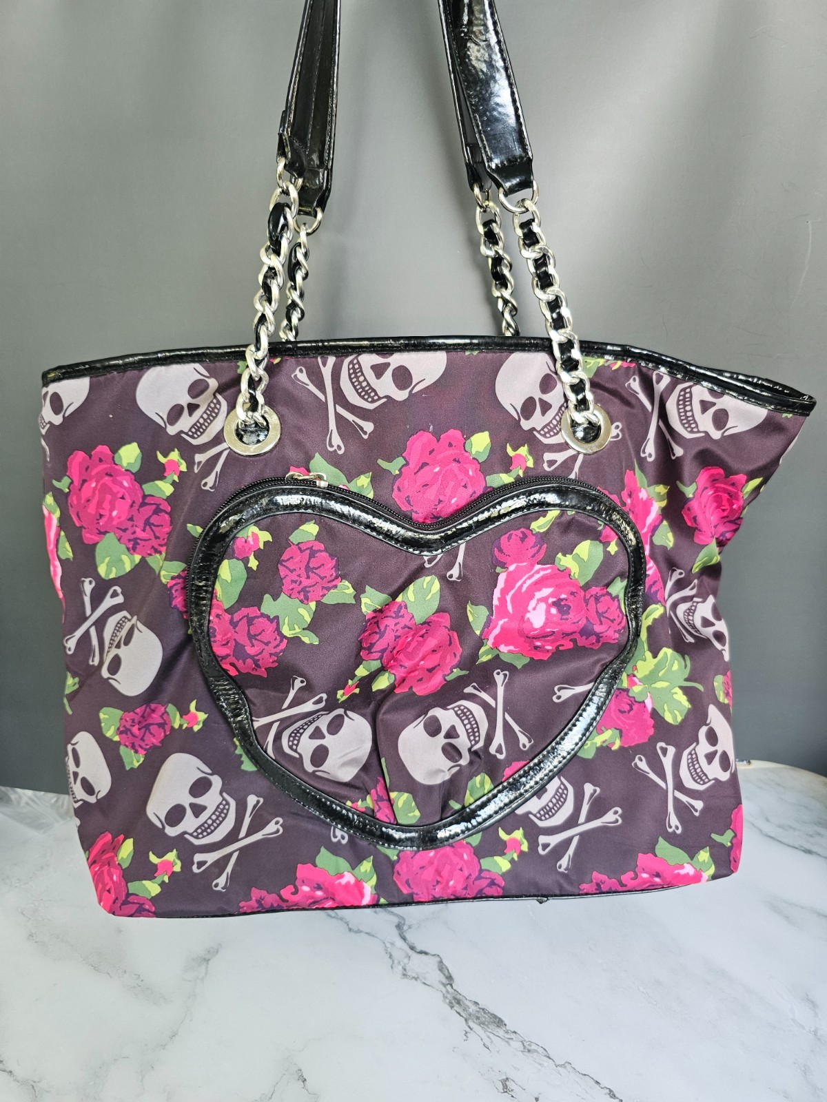 Betsey Johnson Skull Roses Print Large Tote Bag Chain Strap Purple Y2K Goth 2000