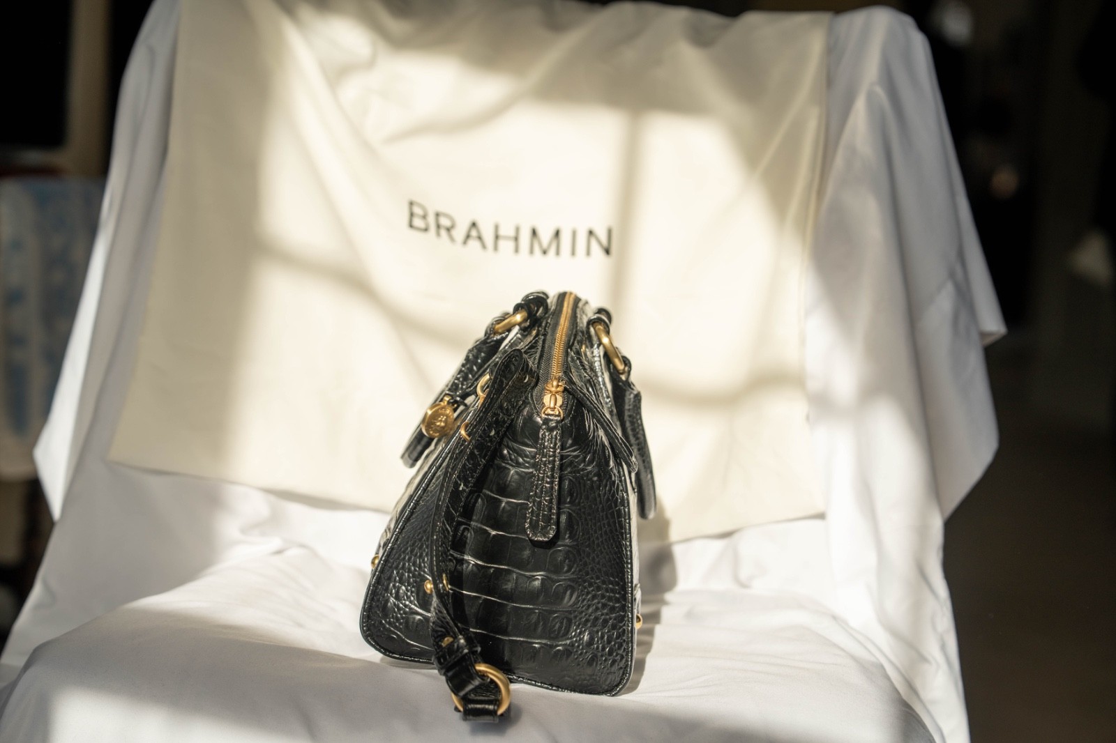 Brahmin Duxbury Satchel Black Melbourne Medium Croc Embossed Leather HandBag
