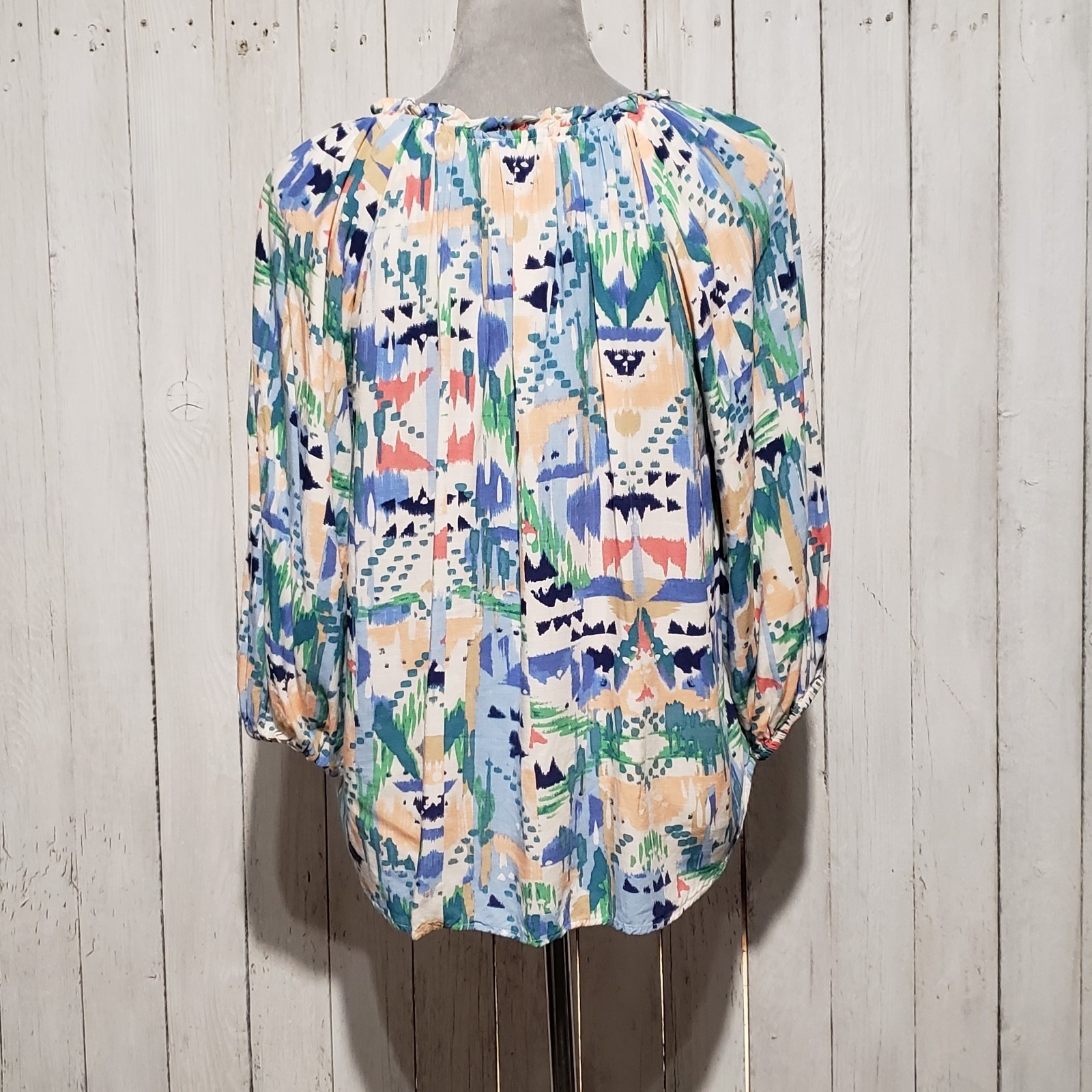 Beach Lunch Lounge Abstract Boho Peasant Top Split Neck Ruffle Festival Indie S