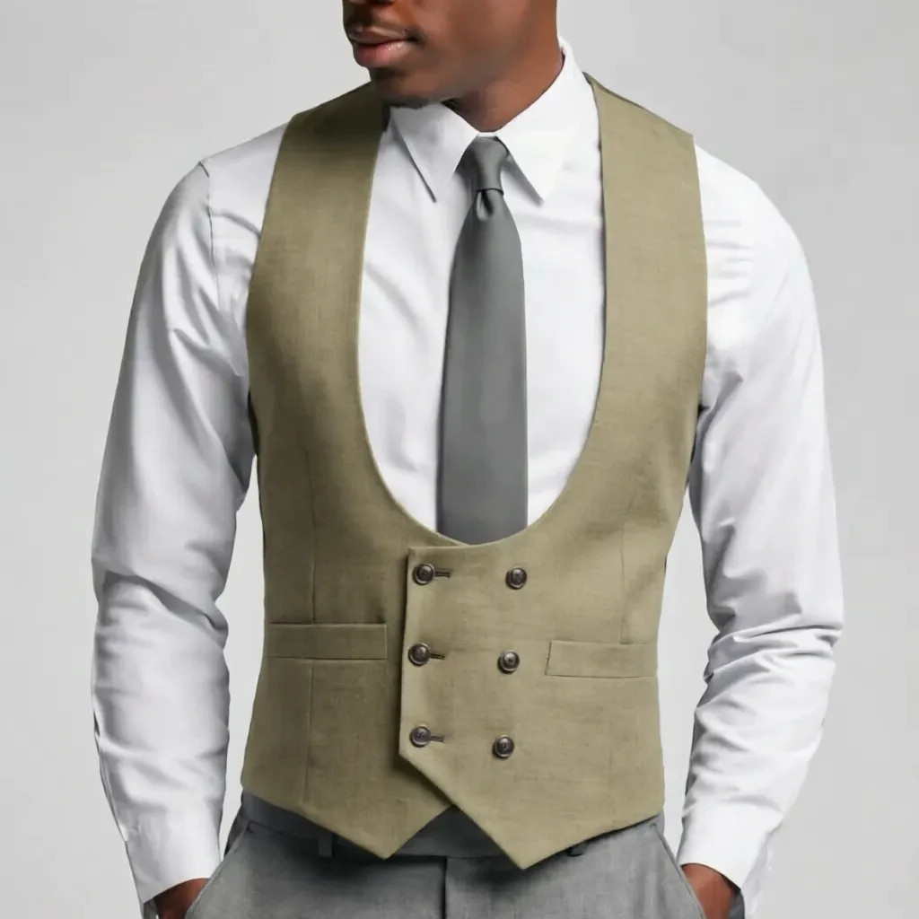 Slim Fit Men’s Deep U Neck Double Breasted Suit Vest Business Dress Waistcoat