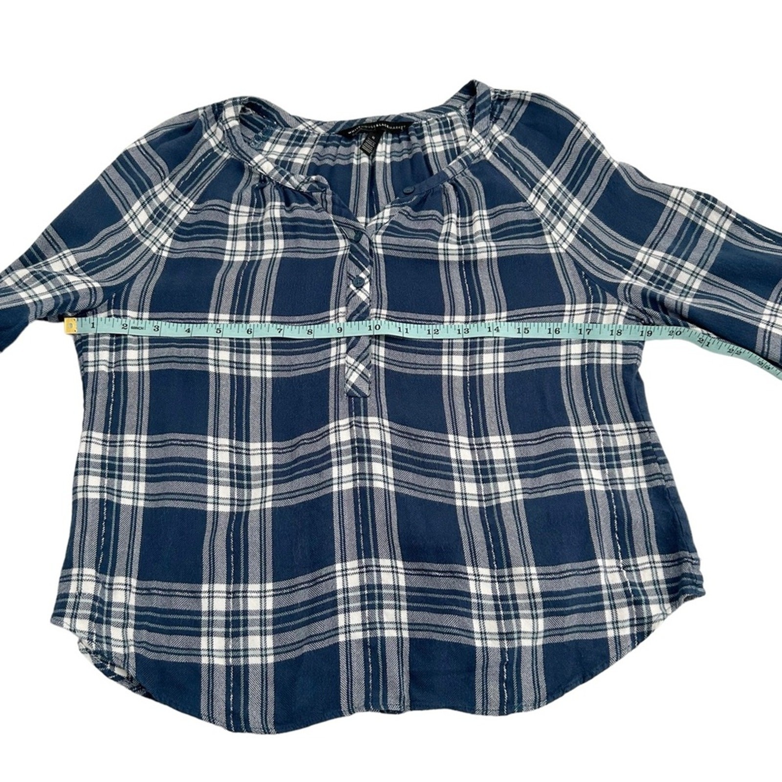White House Black Market Size 6 Blue, White, Silver Plaid Bow Sleeve Blouse