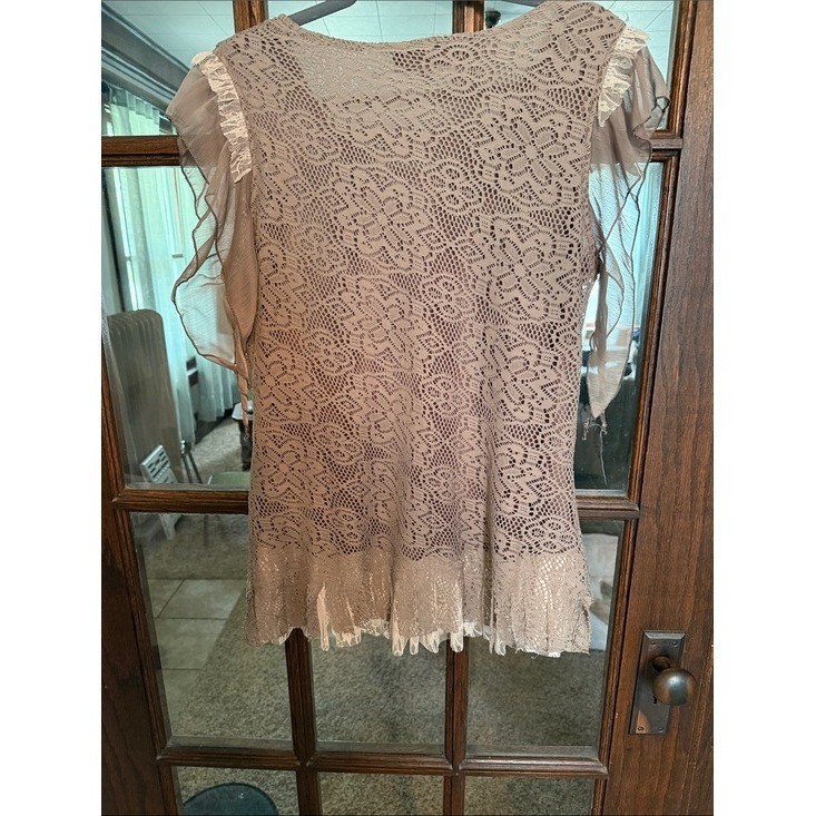 Pretty Angel Taupe Lace Beaded Boho Flutter Sleeve Top Large Womens Romantic