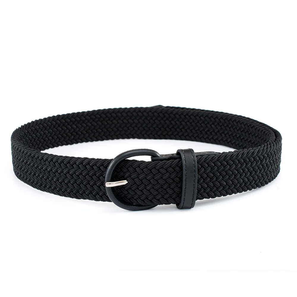 Black Leather Stretch Belt Covered Buckle Woven Elastic Belt 7001 1-1/4″ Wide