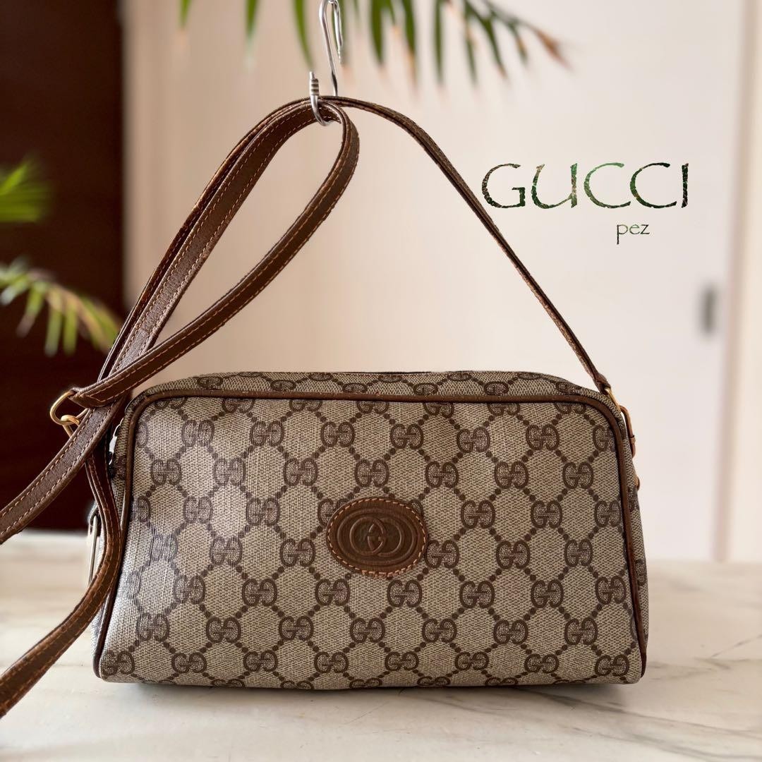GUCCI Vintage GG Canvas Leather Shoulder Bag Brown Crossbody