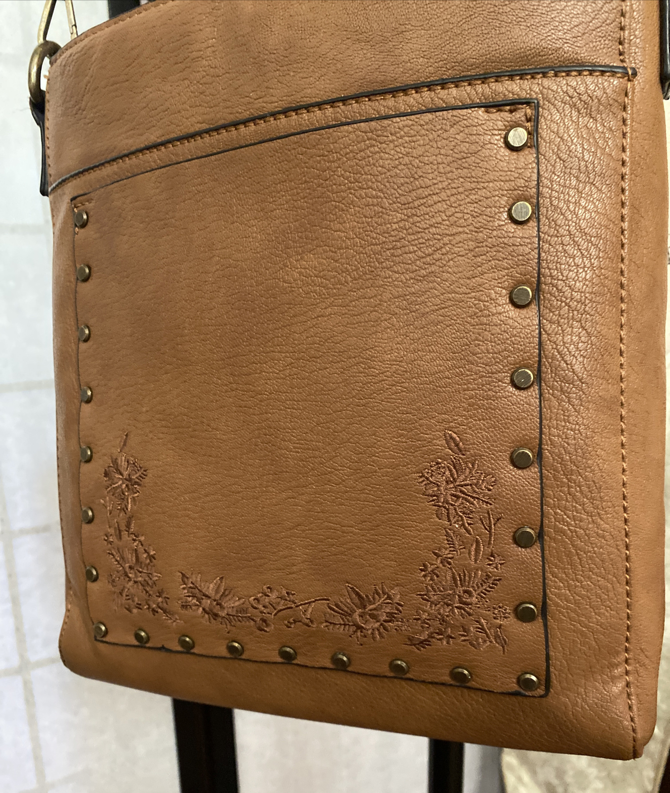 G.H. Bass Brown Embroid’d & Riveted Vegan Leather Shoulder Bag/Crossbody/Purse
