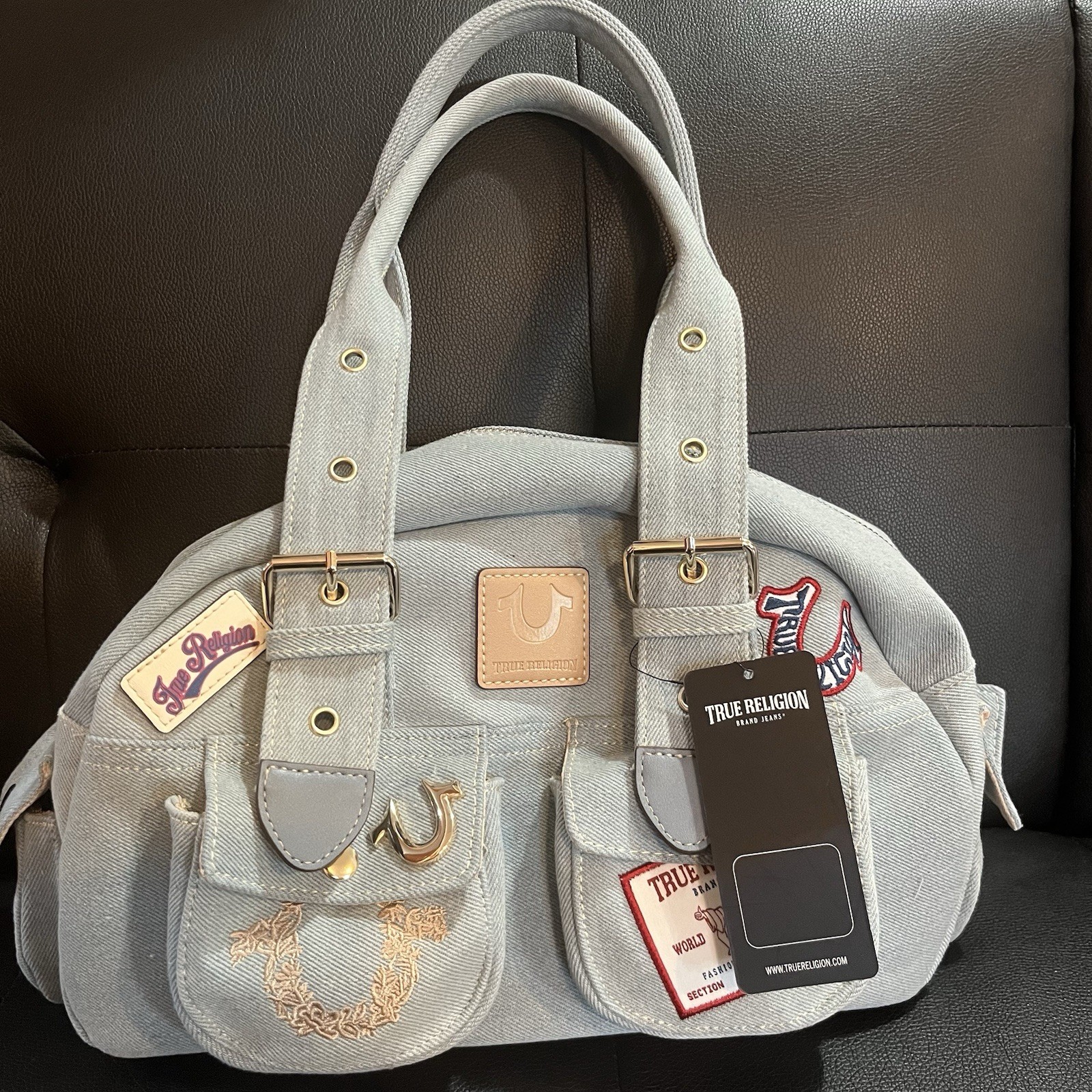 True Religion Light Blue Logo Satchel Top Handle Zip/Snap Gold Hardware Charm