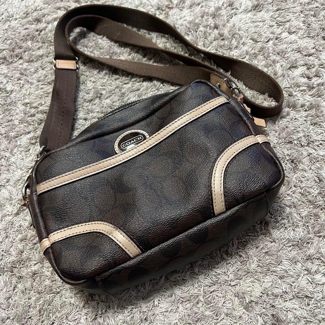COACH Monogram Brown Leather Crossbody Shoulder Bag Outer Pocket Women’s 8.46in