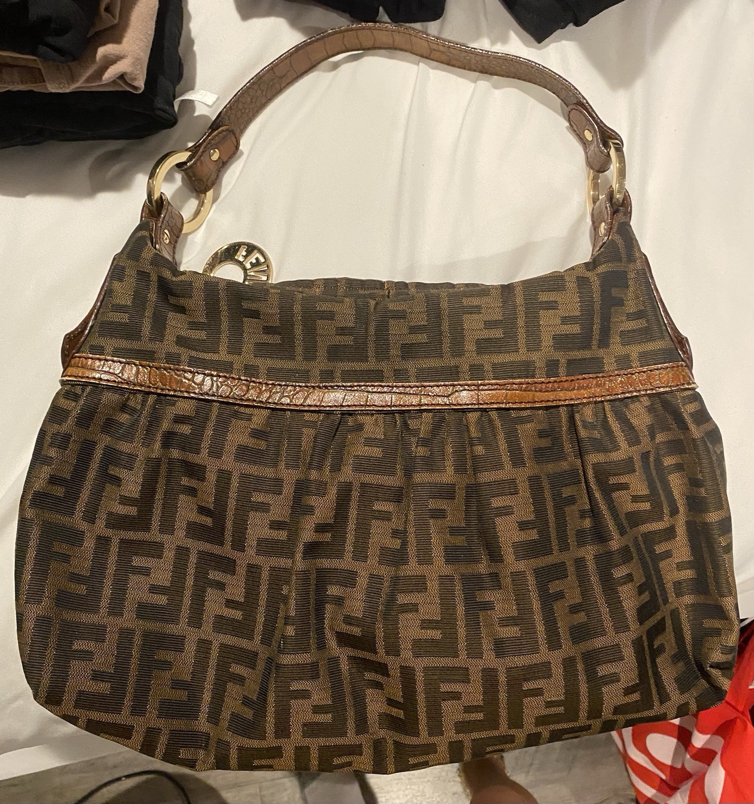 Fendi Zucca FF Monogram Brown Shoulder Bag Zip Gold Hardware Bag Charm Medium