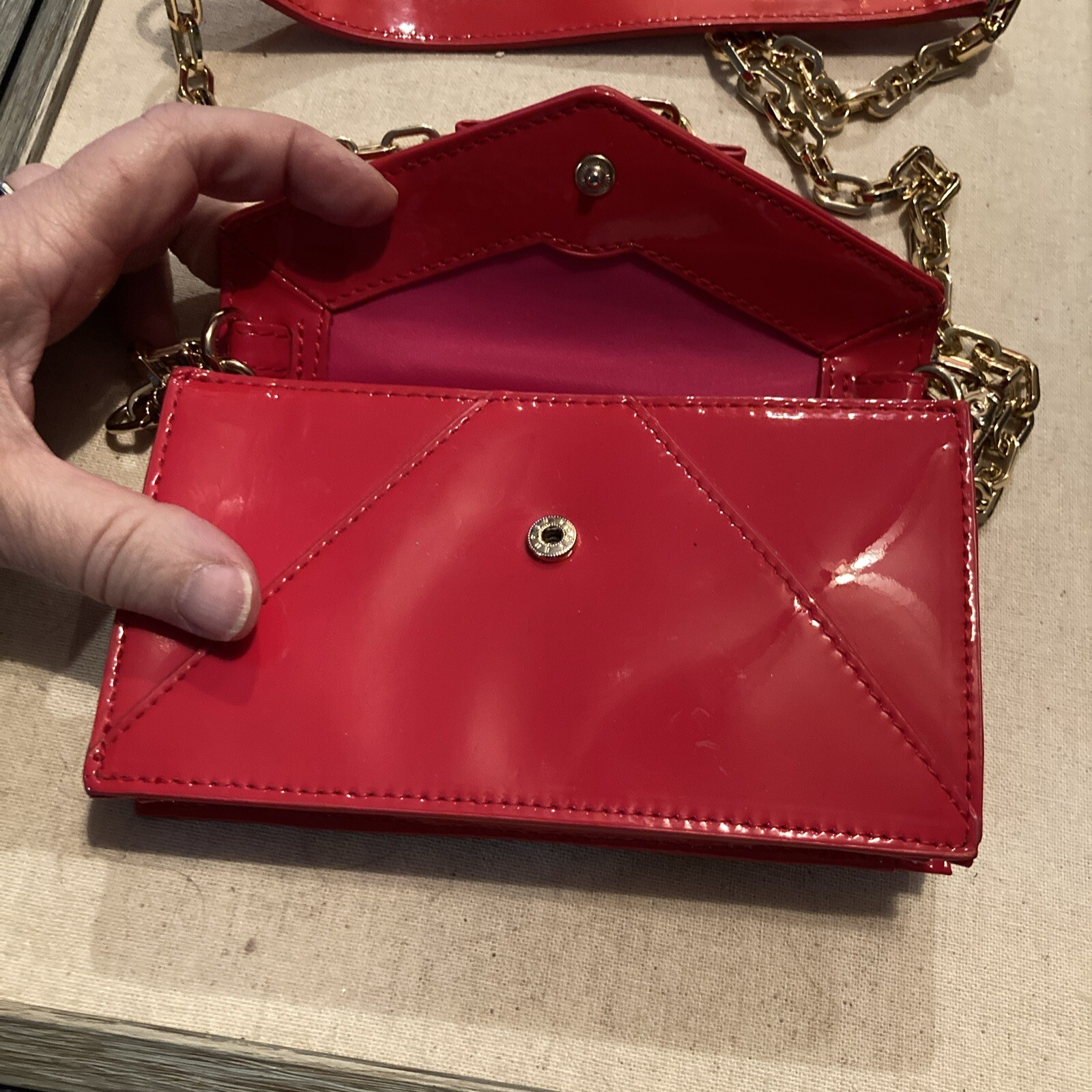 TORY BURCH Shoulder Bag Chain Mini Crossbody Ribbon Logo Patent Leather Red