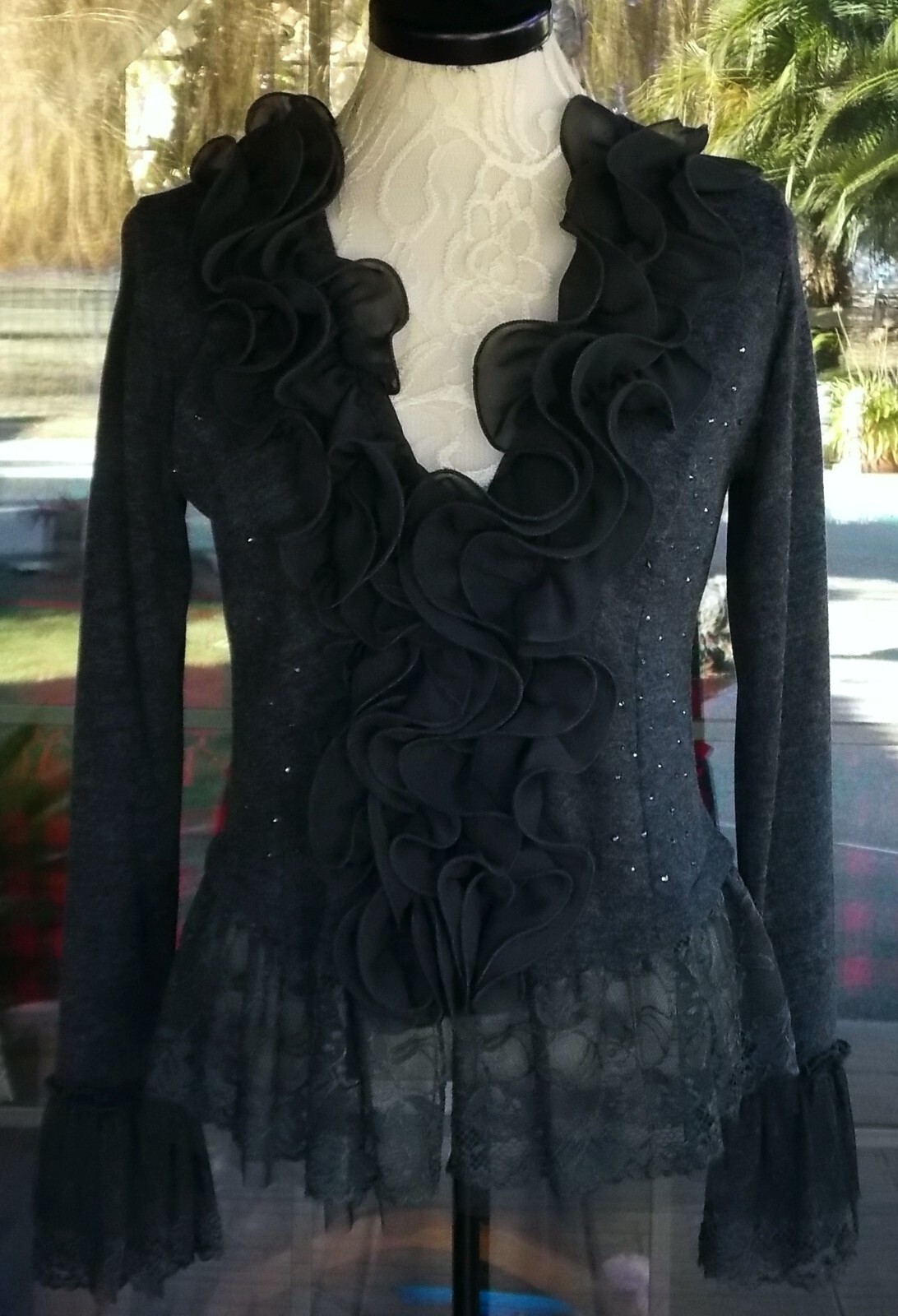 Pretty Angel Gray Long Sleeve Ruffle Trim Embellished Lacy Shirt Sz. S