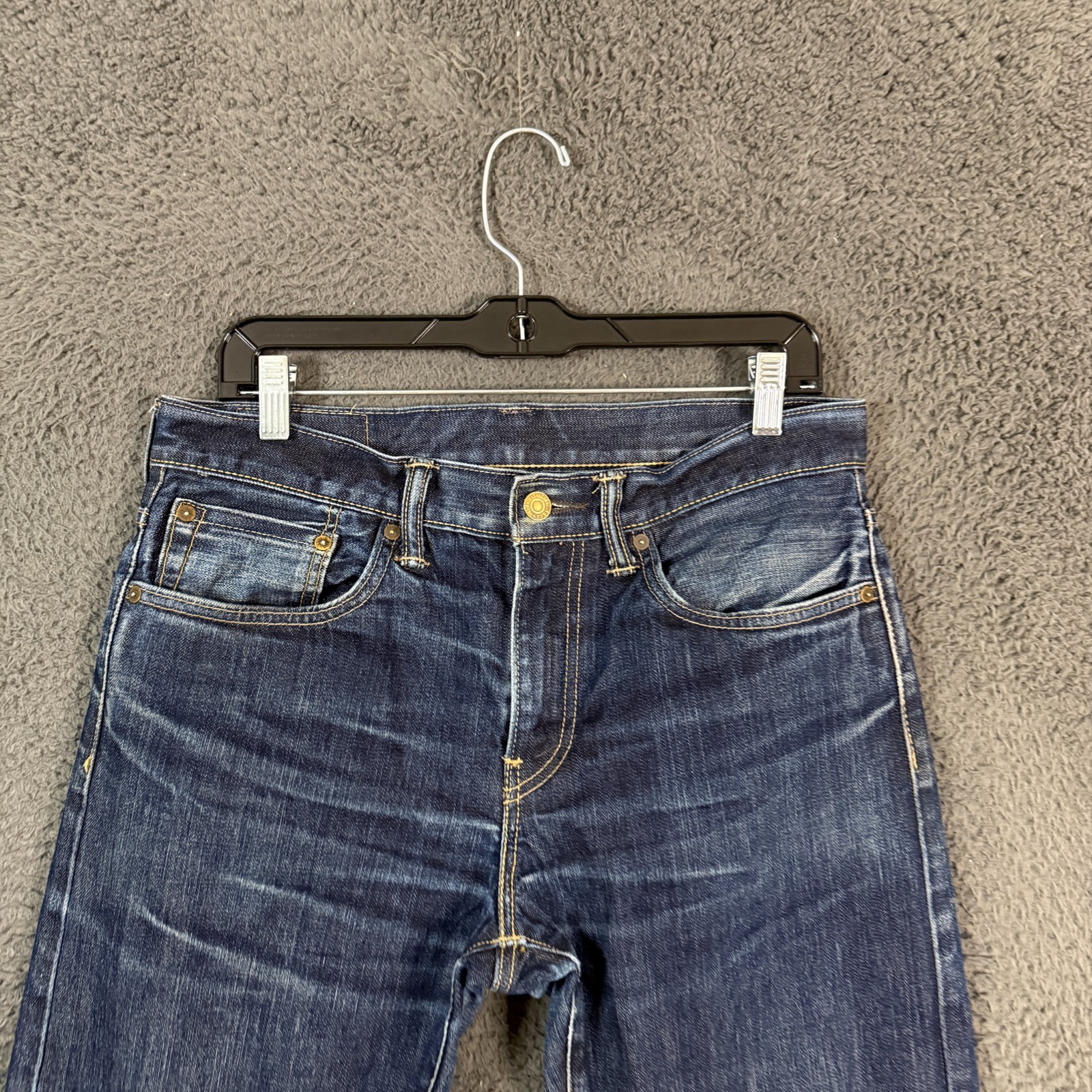 Levis Jeans Mens 32×34 Blue 513 Slim Fit Selvedge Dark Denim Whisker Distressed