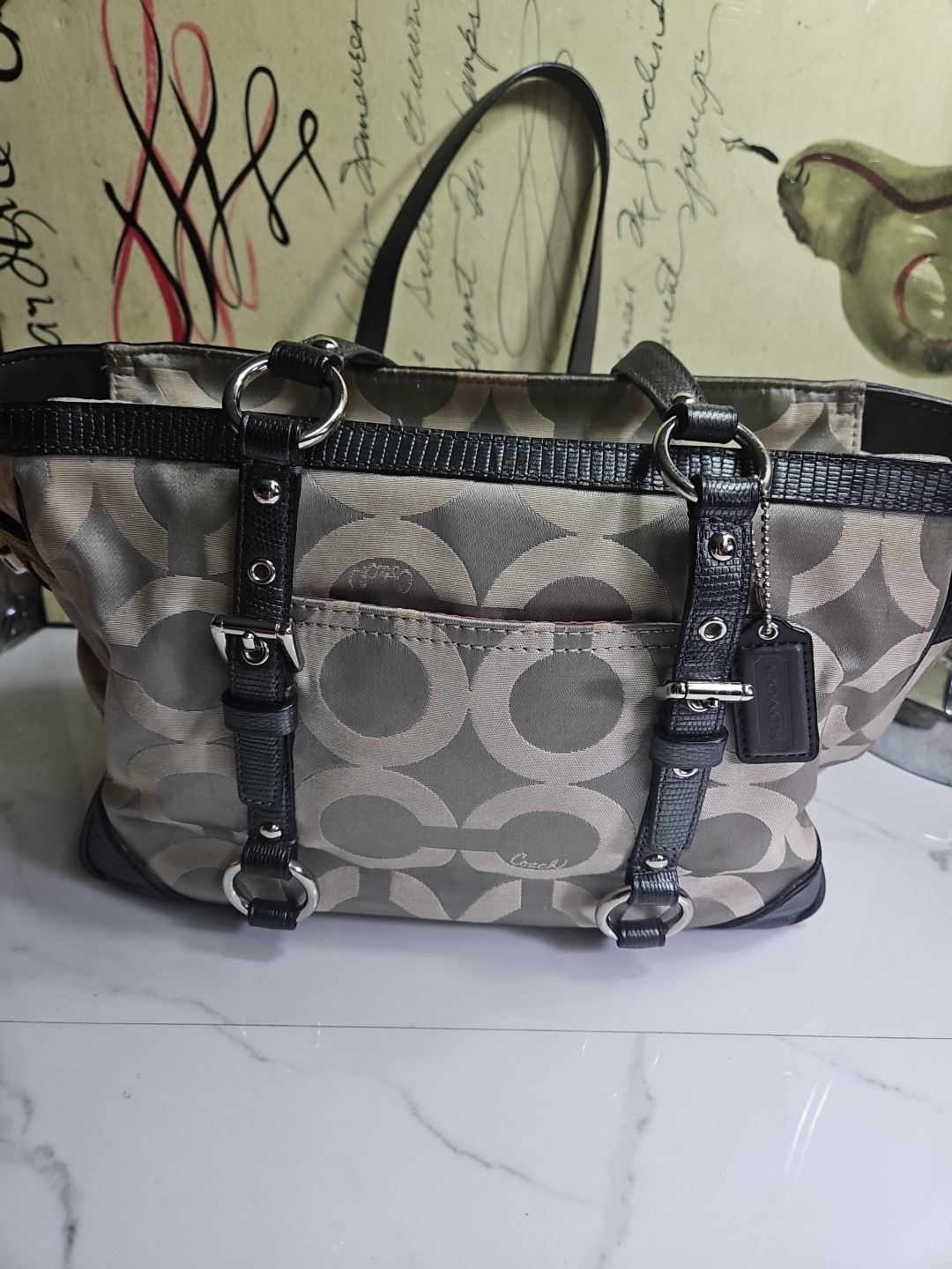 Coach #19404M Gallery Op Art Signature Sateen Tote Gray Shoulderbag 13×8.5×4.5