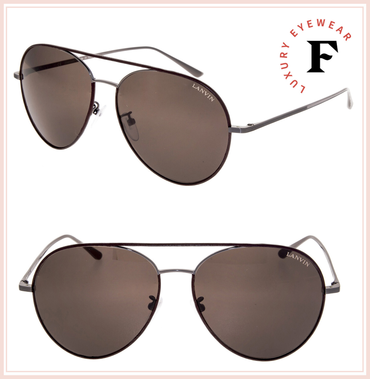 LANVIN 110 Ruthenium Brown Leather Titanium Aviator Sunglasses SLN110M Unisex