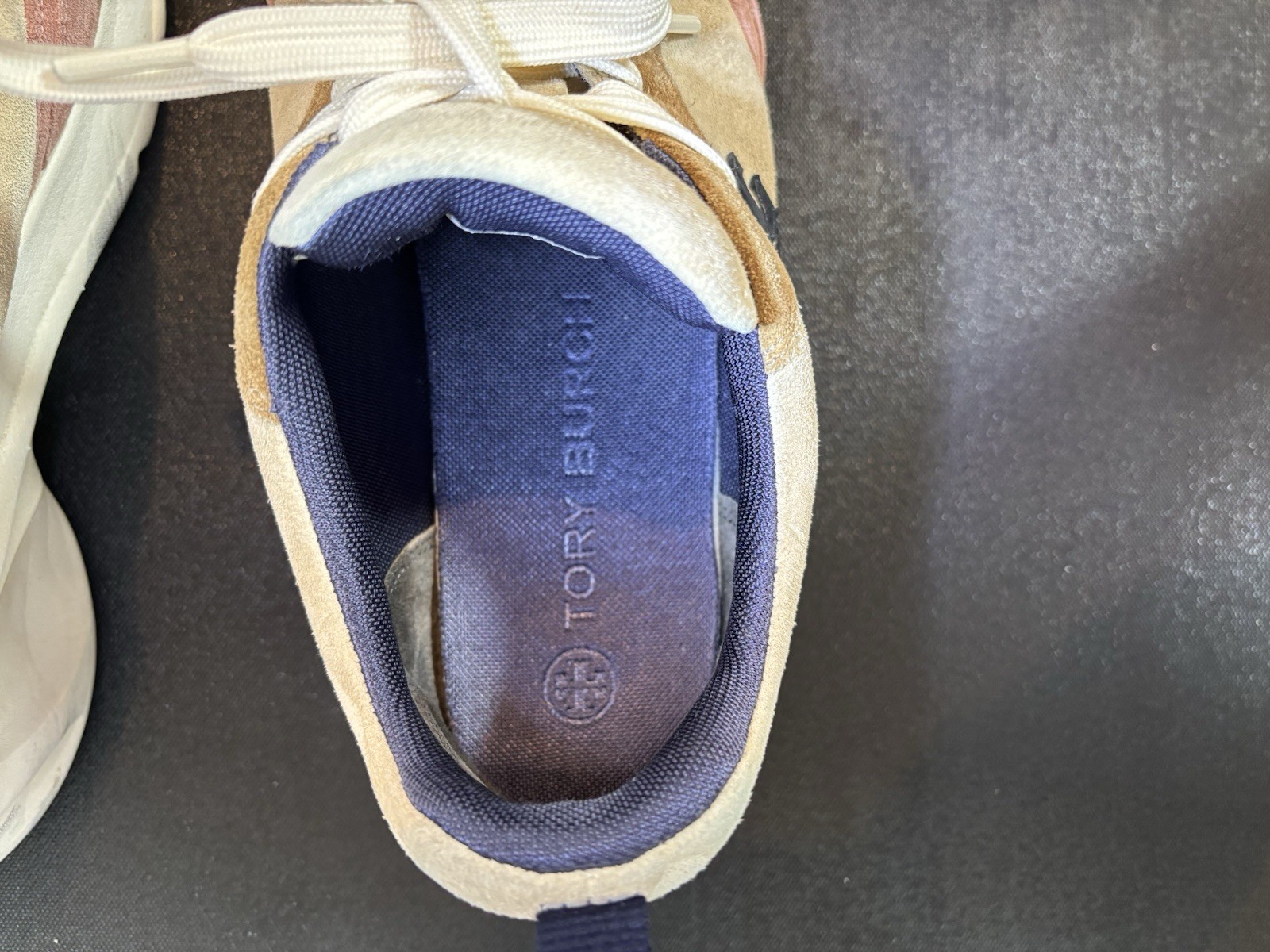 Tory Burch Good Luck Trainer NAT SUEDE in Beige/Navy/Pink Moon Size 9.5