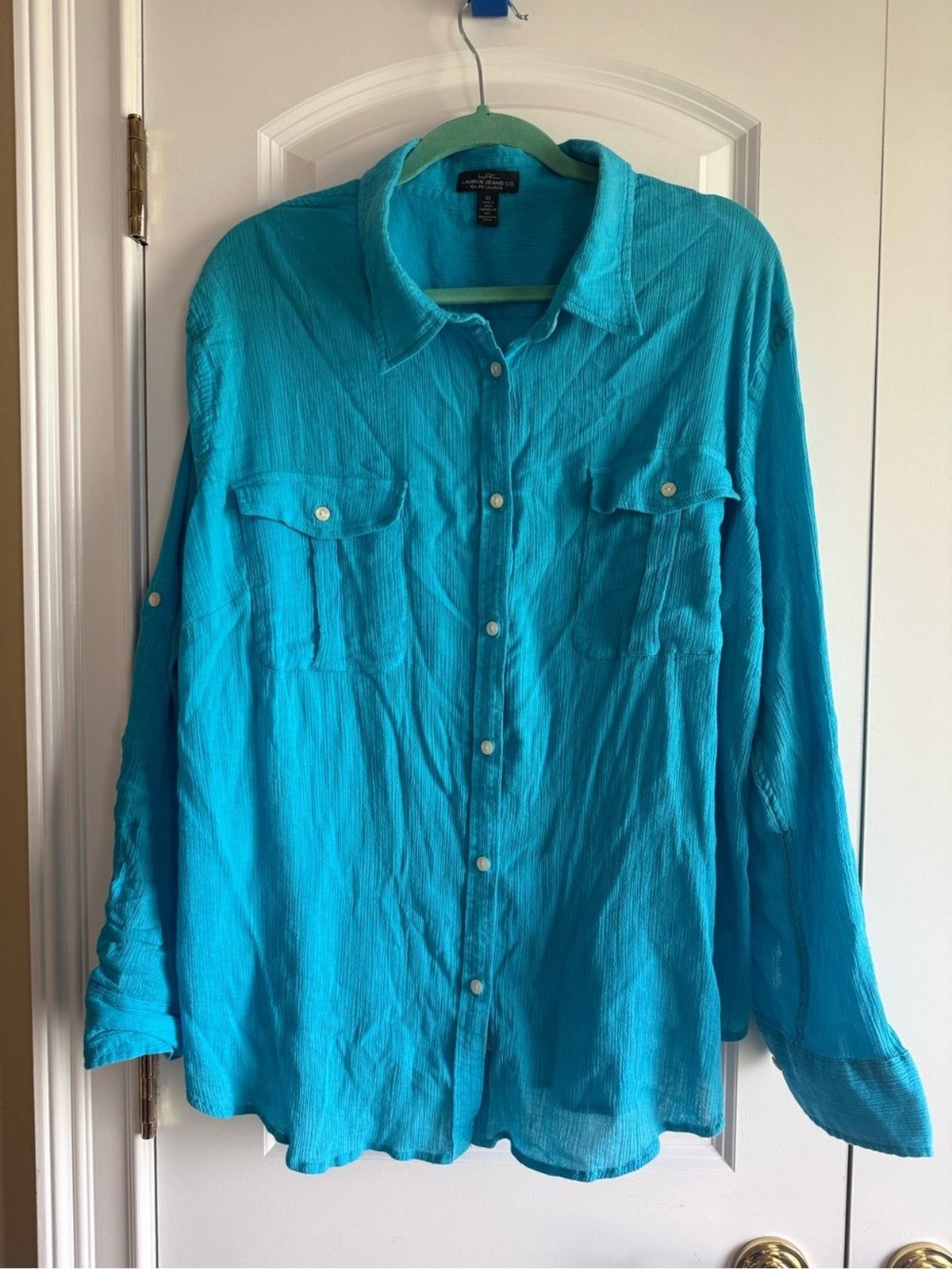 Lightweight Turquoise LAUREN Ralph Lauren Button-Up Shirt, 3X, 100% cotton, EUC