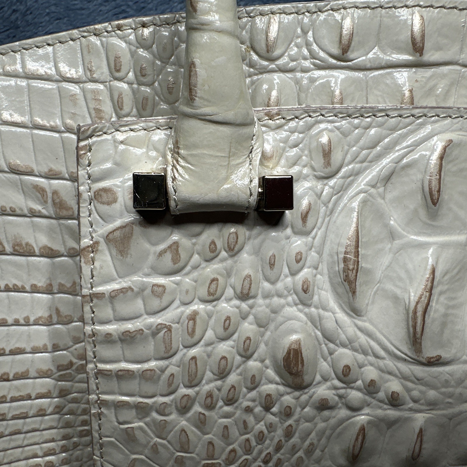 Brahmin Greta Satchel Bag With Crossbody Strap Cream Gold Croc Embossed