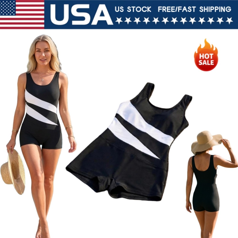 Women Striped Print Boyleg One Piece Swimsuit Sleeveless U Neck Bathing Suit