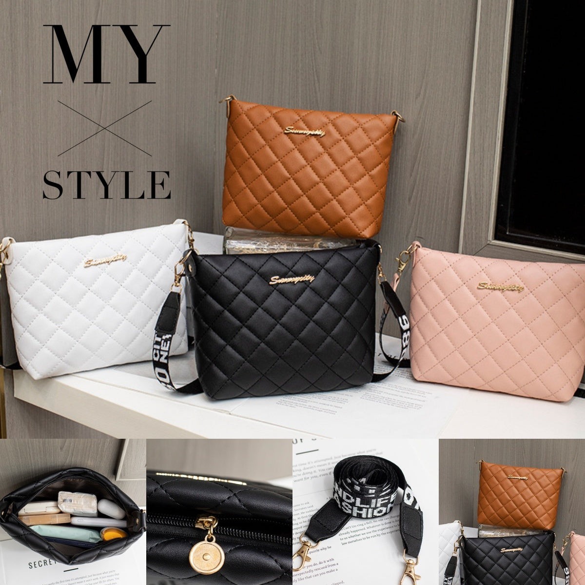 Women’s Quilted Crossbody Bag Black, Zip Closure, Detachable Adjustable Strap