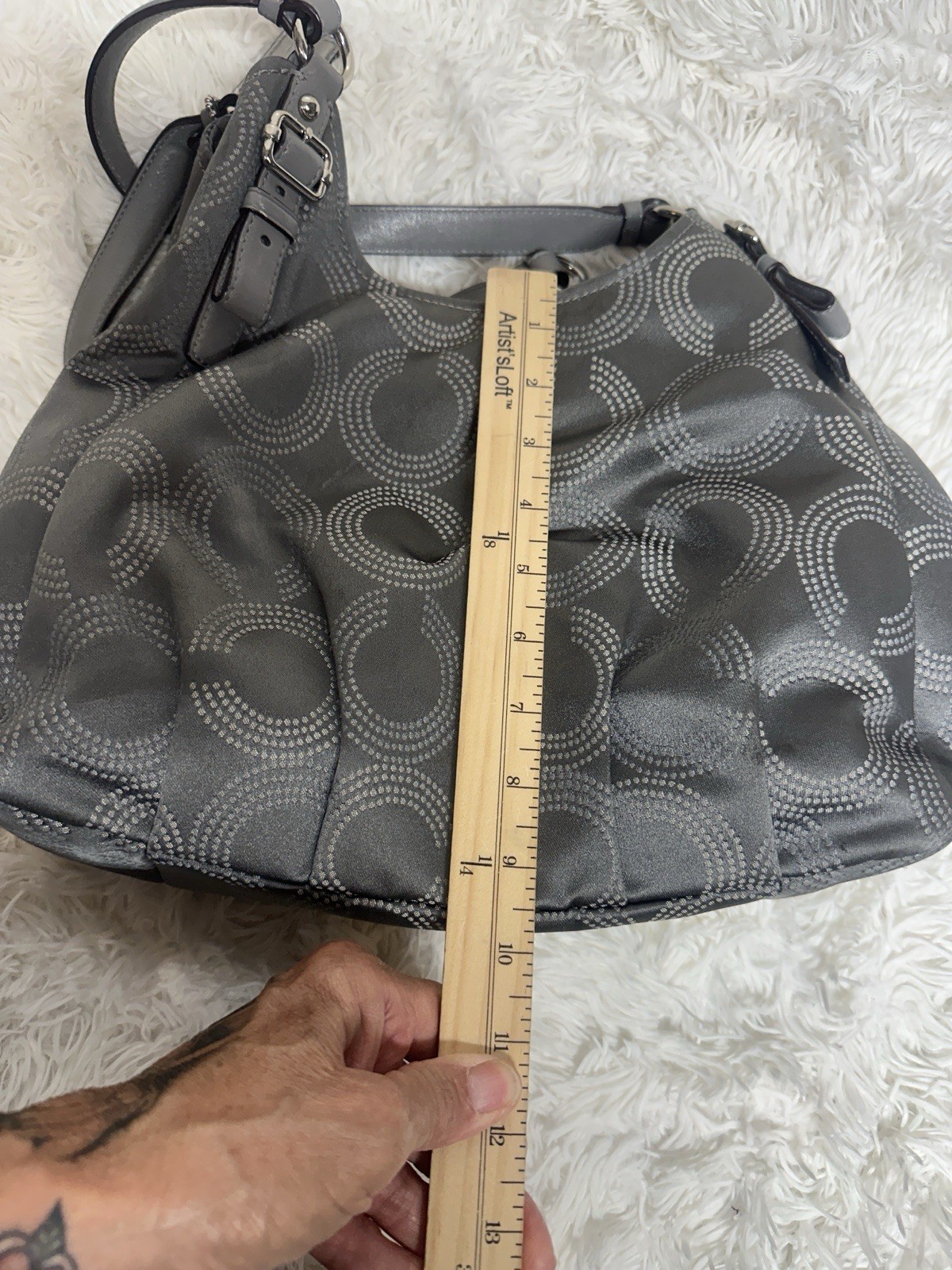 Coach Madison Maggie Dotted Op Art Gray & Silver Sateen Hobo Shoulder Bag