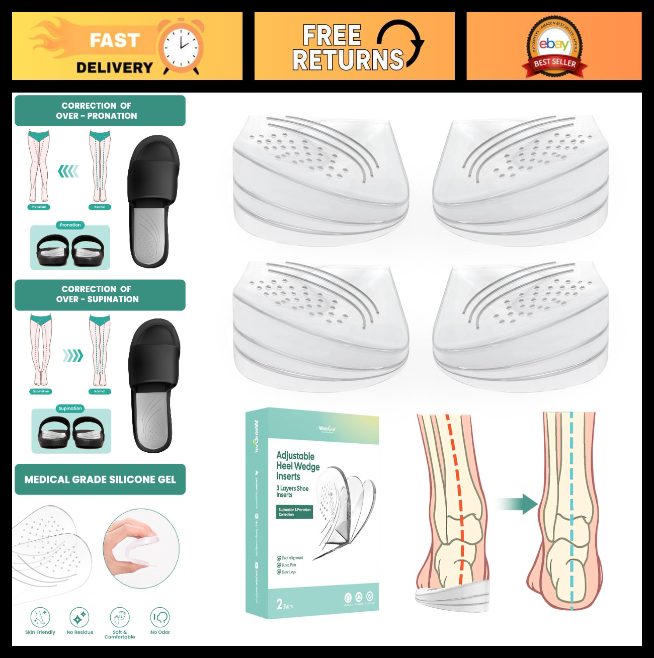 Adjustable Heel Wedge Insoles for Supination & Pronation – 2 Pairs, Knee Pain Re