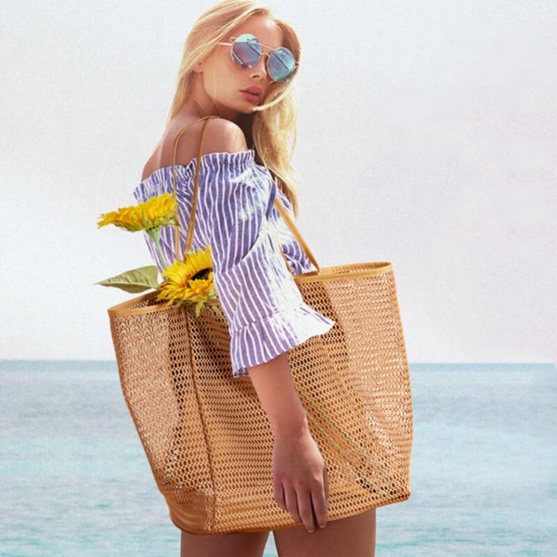 Casual Tote Bag Large Mesh Beach Friendly Picnic Vacation Shoulder Bag w/Pockets