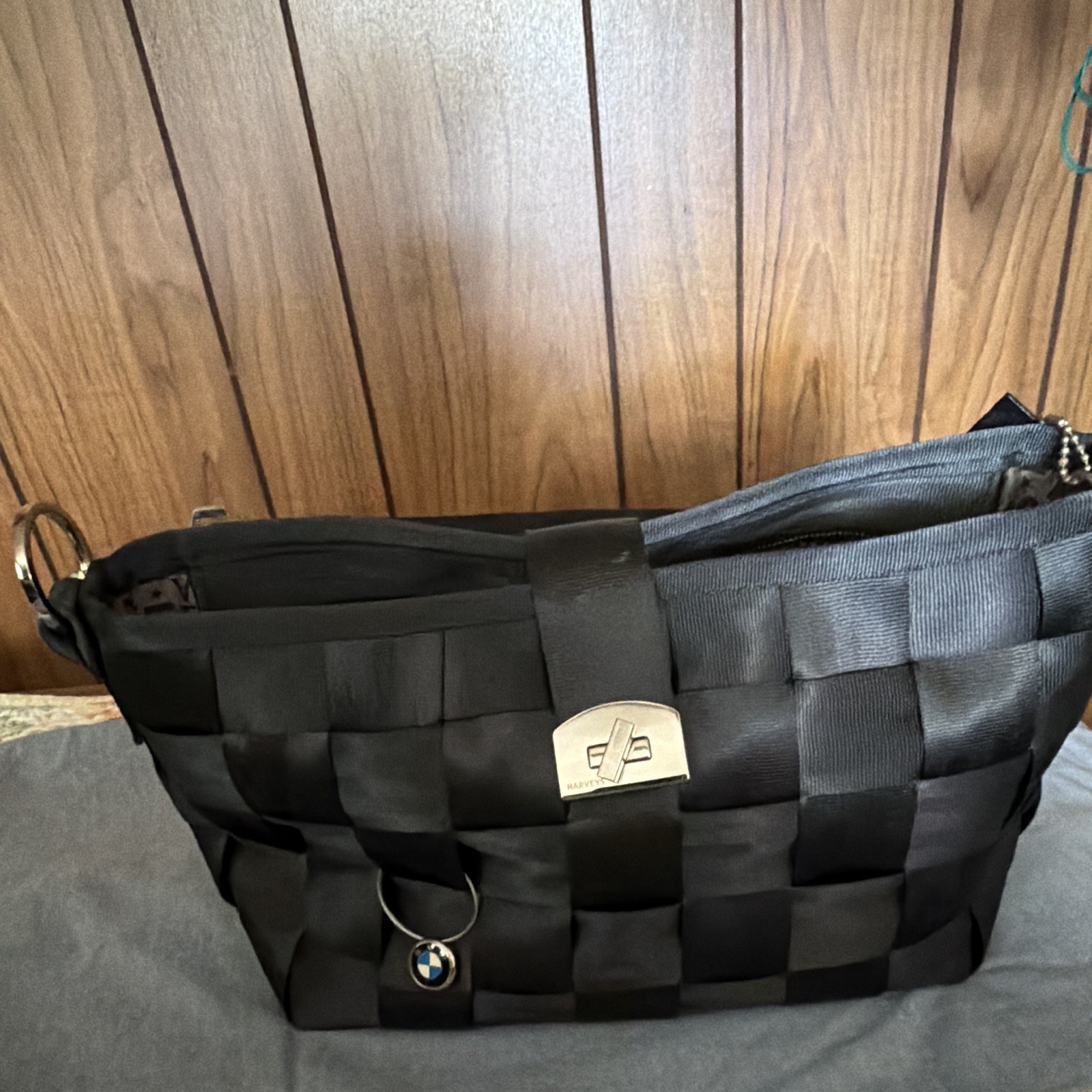 Harveys Black Woven Tote Bag Zip Closure Lined Inner Pockets Bag Charm Silver
