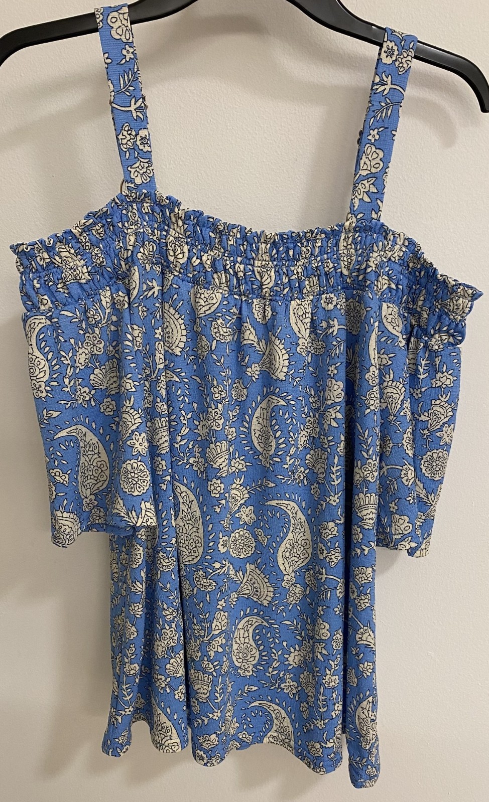 Melloday ~ Women’s Blue Floral Smocked Ruffle Strap Blouse Top ~ Size S