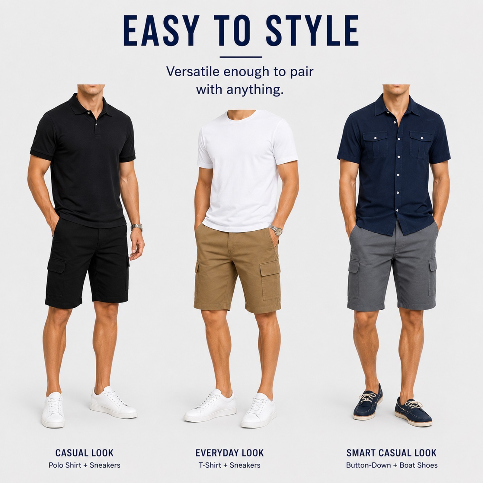Men’s Stretch Cargo Utility Shorts with Button Closure and Zip Pockets (30-42)