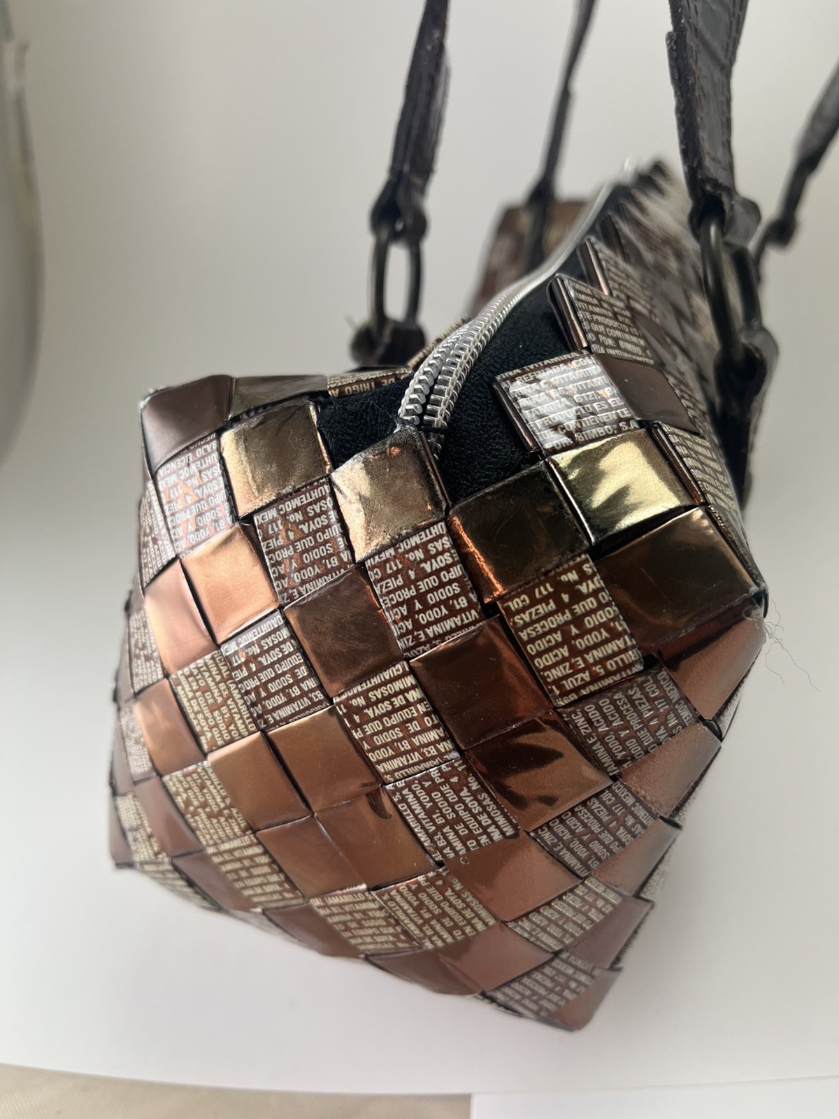 Nahui Ollin candy wrapper purse, mini-duffle shape