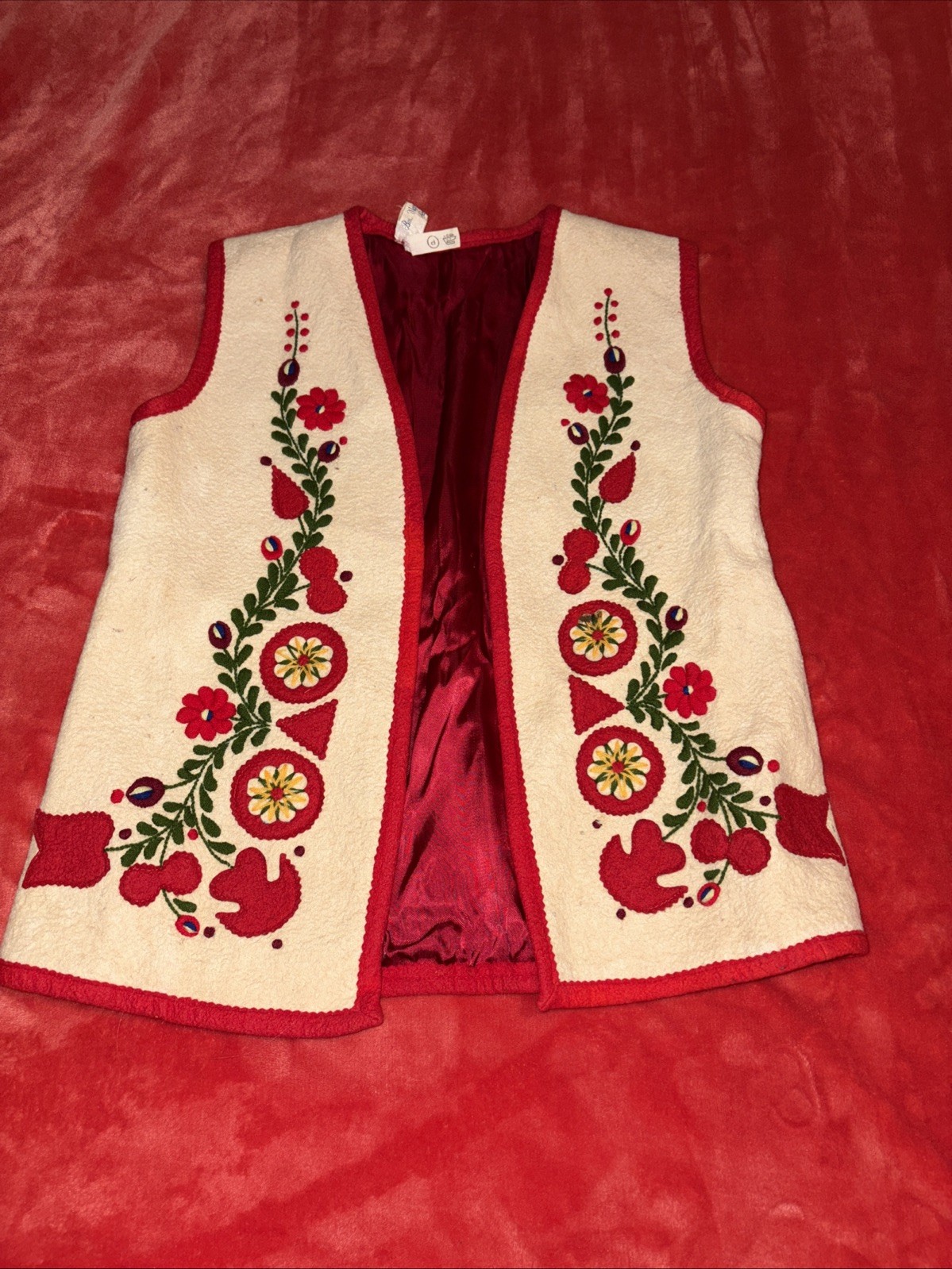 Vintage Hungary Peasant Vest Boho Red Lining Embroidered Top Folk Art