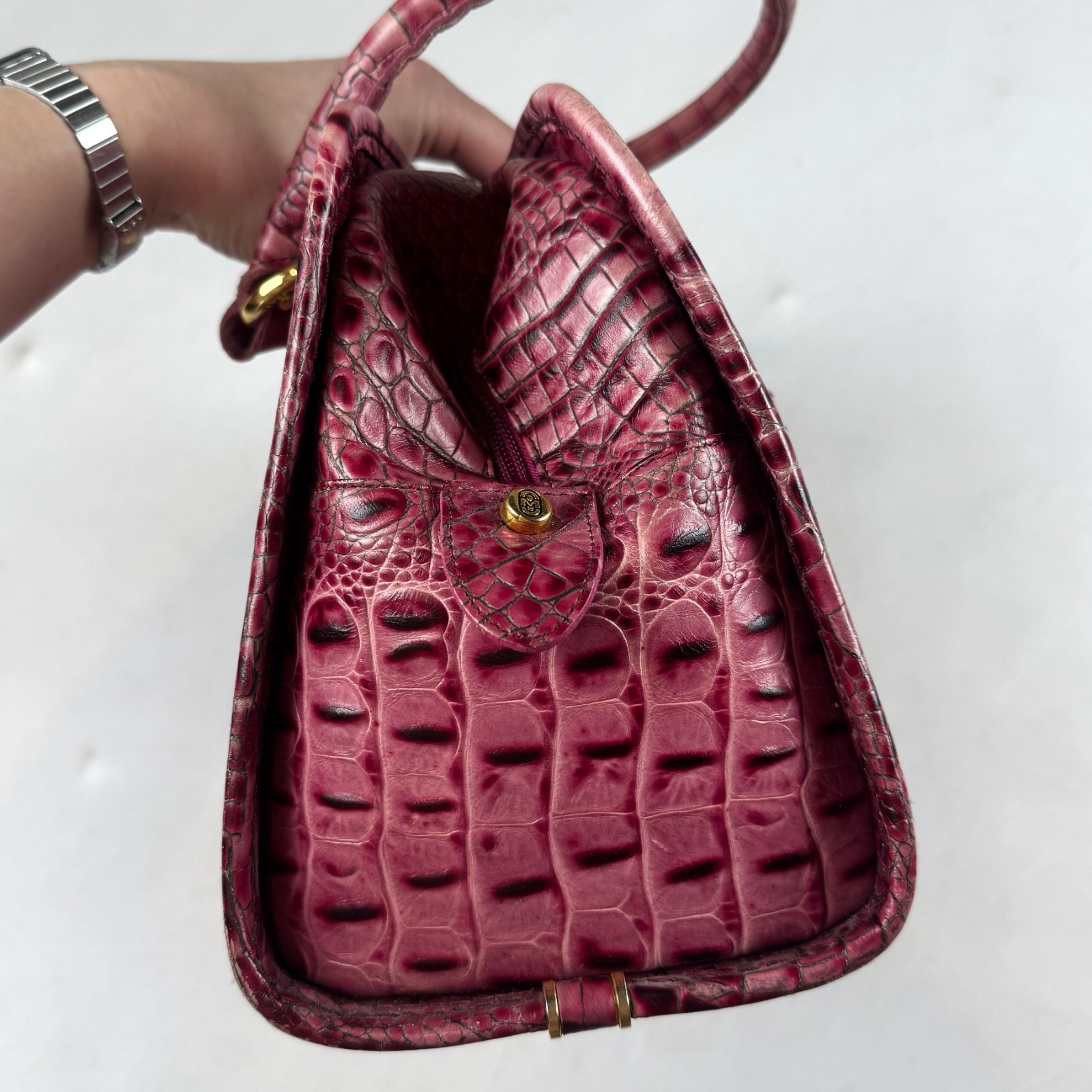 Italy Pink Croc Embossed Handbag Leather Top Handle Purse Retro Shoulder Bag