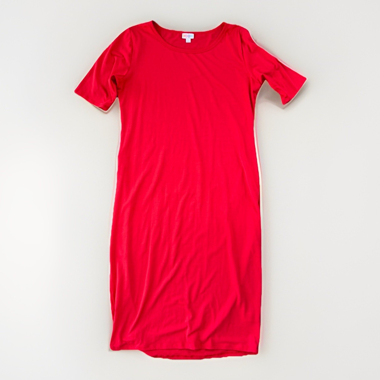 LuLaRoe Julia Dress Large Solid Red Midi Pencil Form Fitting Knit Stretch LLR