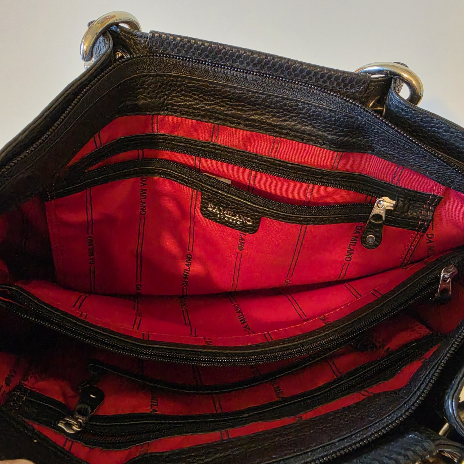 DA MILANO Black Pebbled Satchel Top Handle Zip Bag w/ Detachable Strap