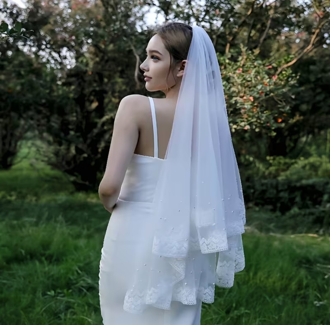 White Fingertip Bridal Wedding Veil Lace Trim Tulle Net Pearl-Style Accents