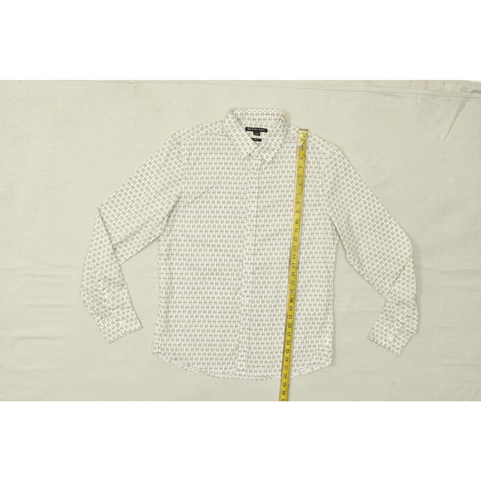 Michael Kors Mens Large Slim Fit Button Down Shirt White Brown MK Monogram Logo