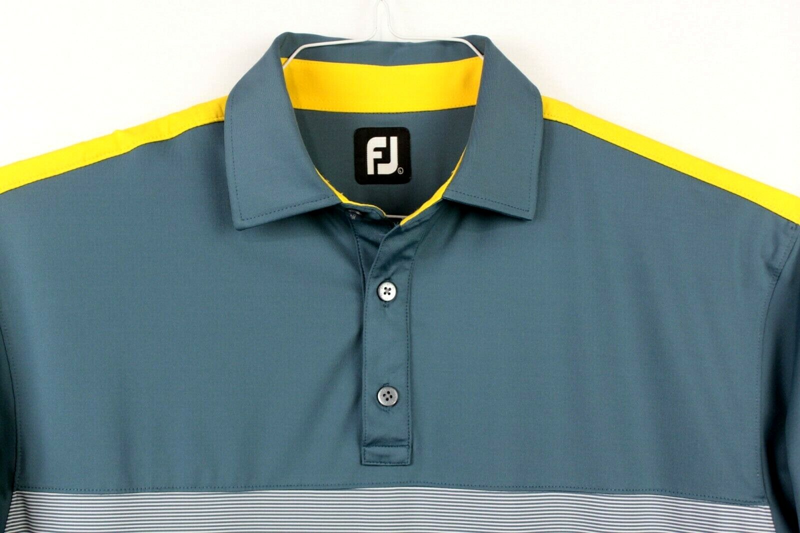 FOOTJOY Men’s Large Golf Polo Shirt Midnight Green Yellow Striped EUC Big Sky