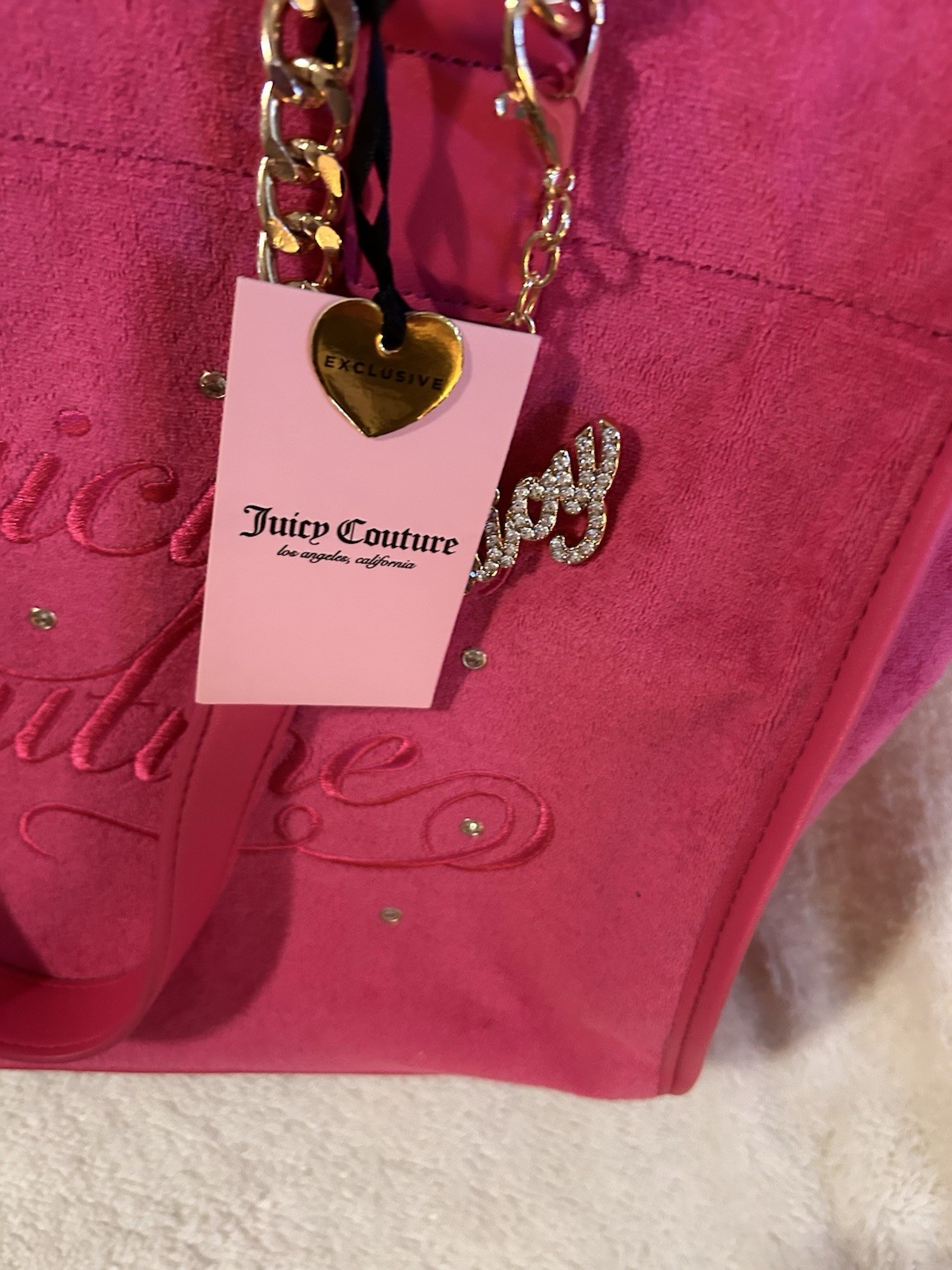 Juicy Couture Large Pink Logo Tote Zip Top Gold Chain Straps Rhinestone Charm