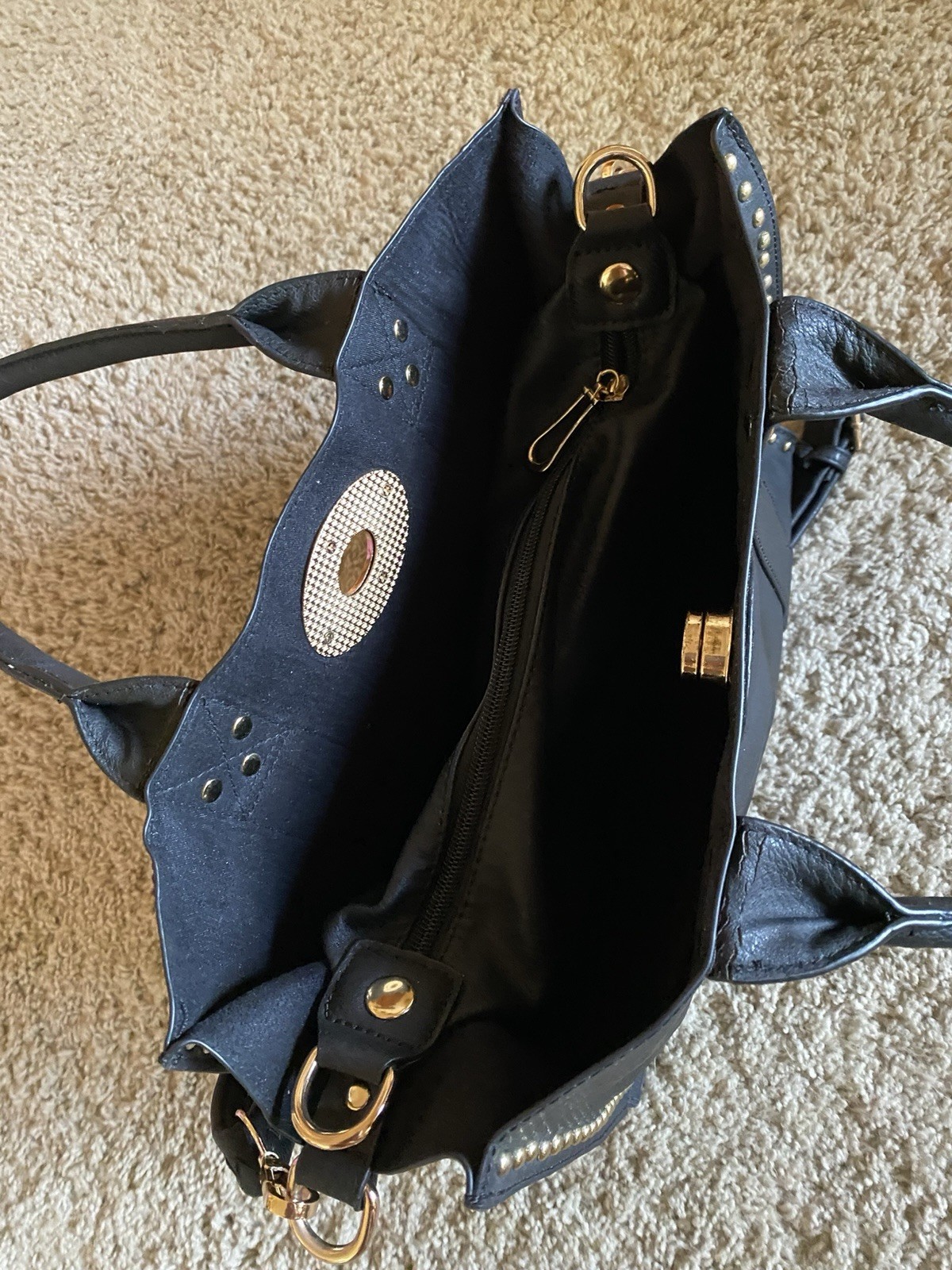 New Leather Shoulder Strap Black Purse Gold Accents With Coin, Satchel