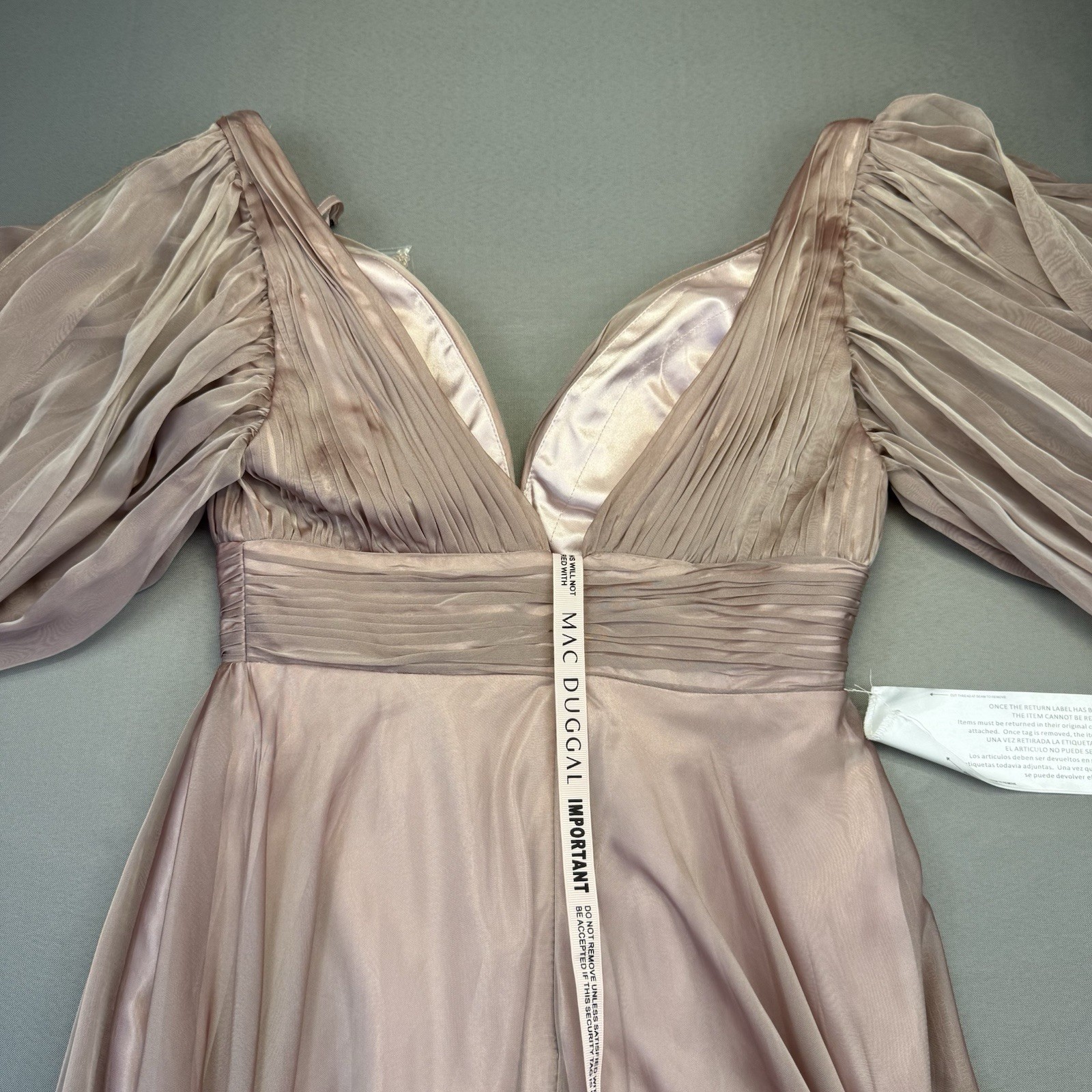 NWT Mac Duggal 67414 Chiffon Split Sleeve Deep V-Neck A Line Gown 4 Mocha Mauve