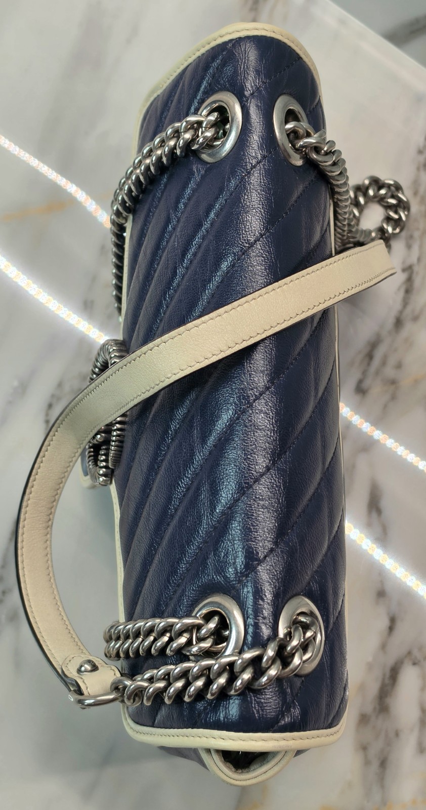 Gucci GG Vintage Effect Marmont Blue Chevron Matelasse Shoulder Bag MSRP: $2,590