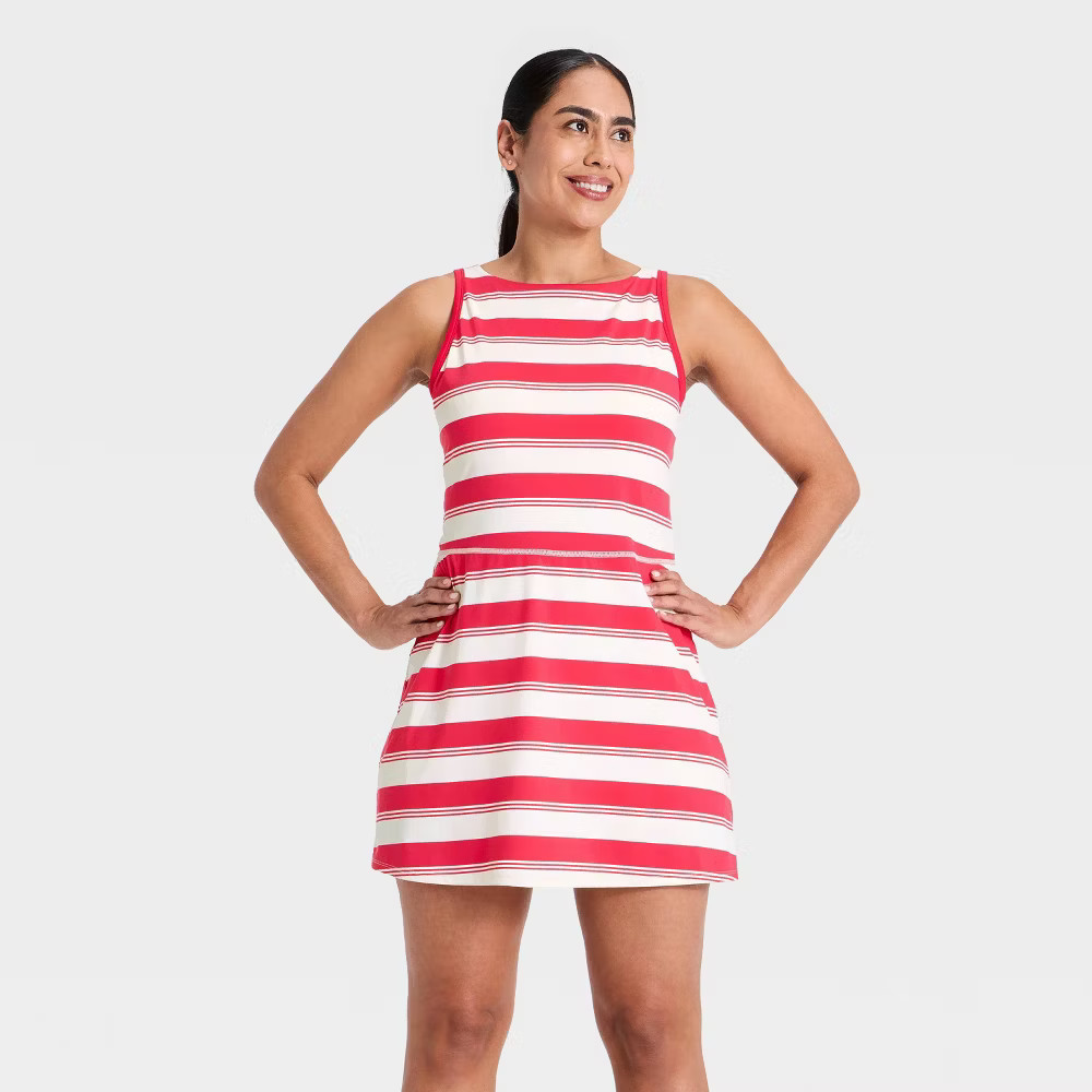 Women Knit High Neck Active Dress – All In Motion Red Striped