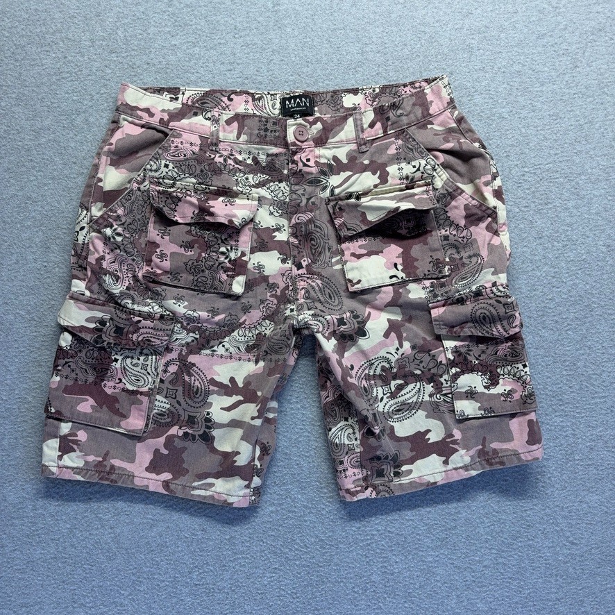 Boohooman Shorts Mens 34 Bandana Camo Cargo 10″ Inseam Relaxed Fit Twill