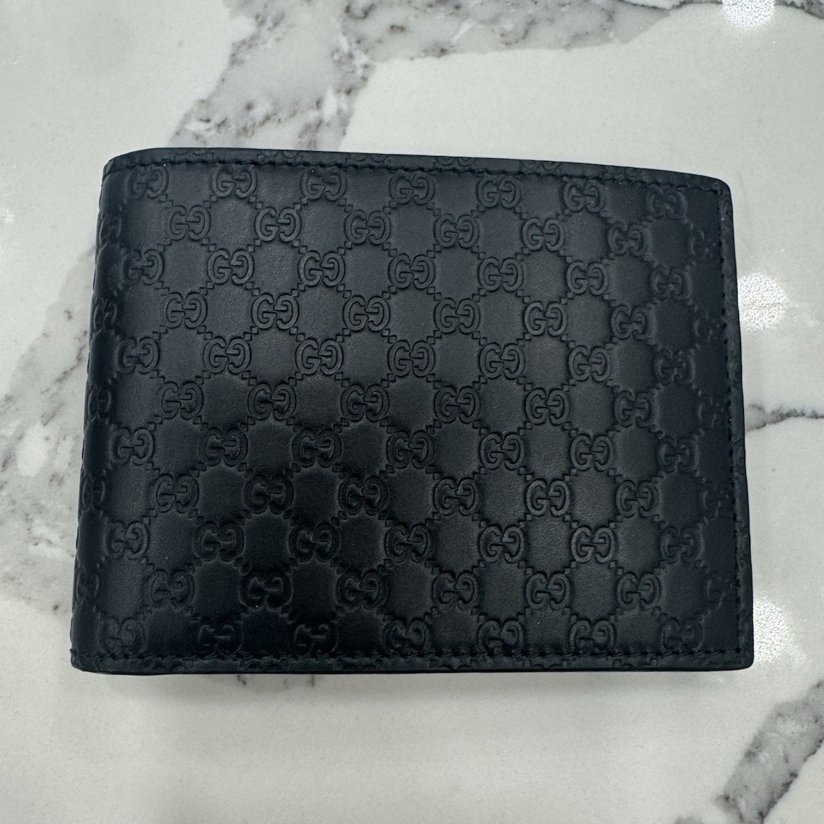 Gucci Men’s Black Micro GG Logo Pattern Bifold Folding Wallet, Logo Accents